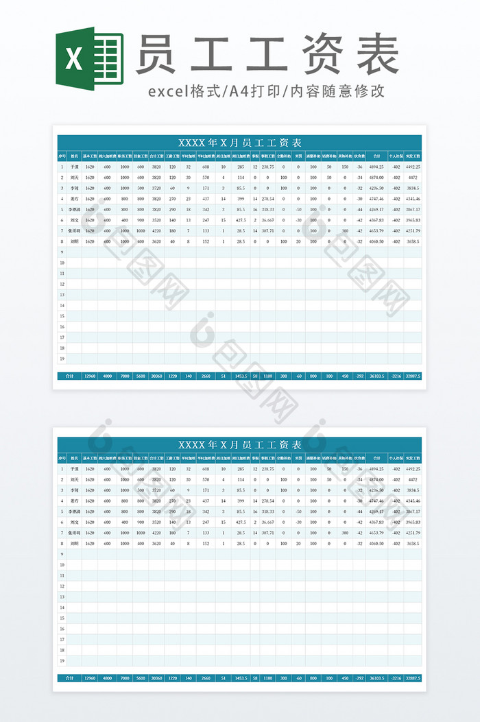 企业员工工资表Excel模板
