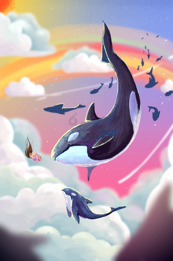 梦幻虎鲸遨游天空插画图片