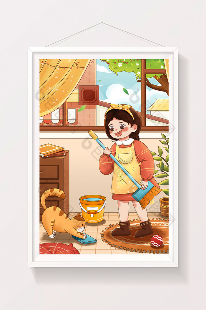 五一劳动节打扫卫生女孩与猫插画图片图片