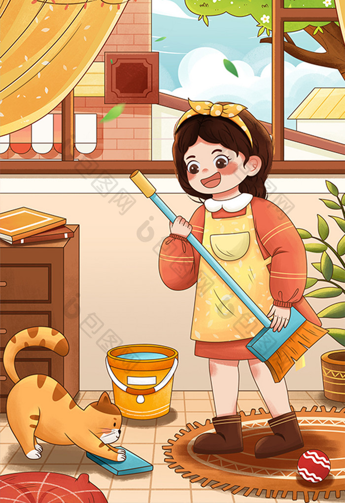 五一劳动节打扫卫生女孩与猫插画