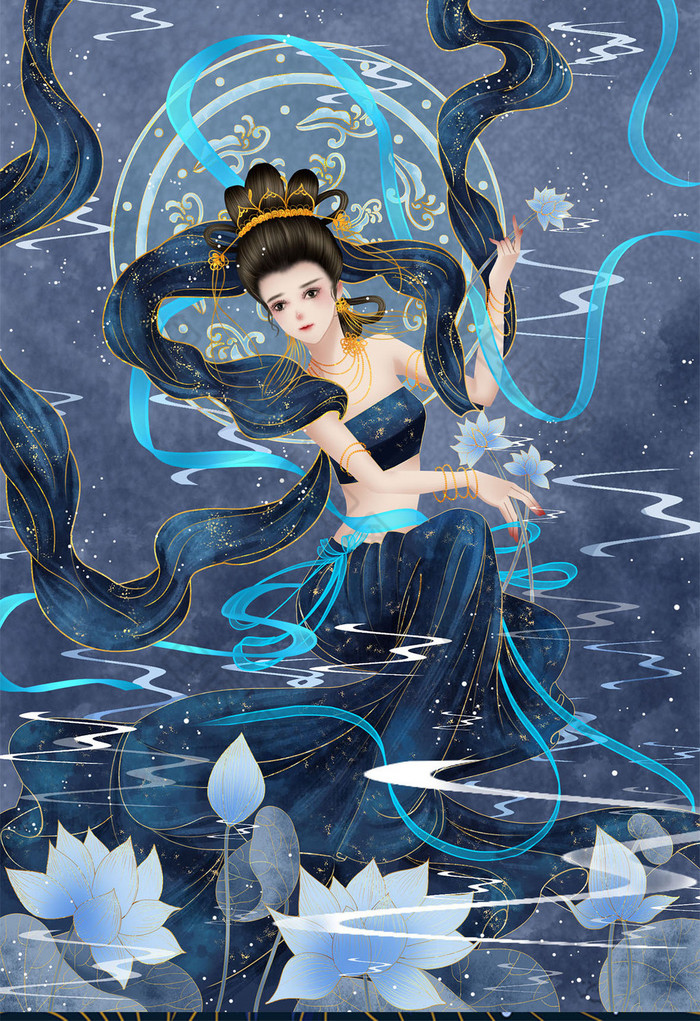 梦幻中国风敦煌文化飞天仙女插画图片