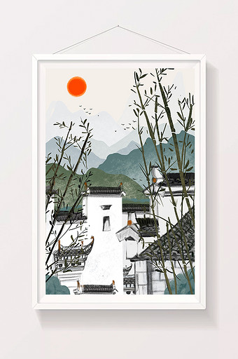 中国风徽派文化建筑风景插画图片
