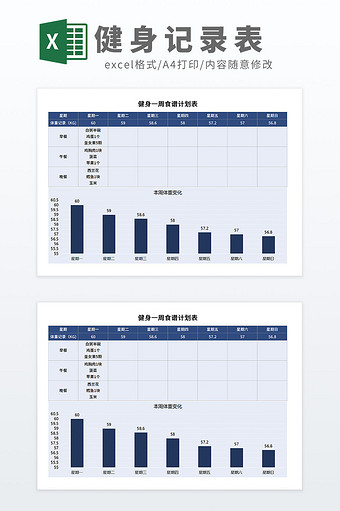 健身一周食谱计划表健身记录表Excel图片