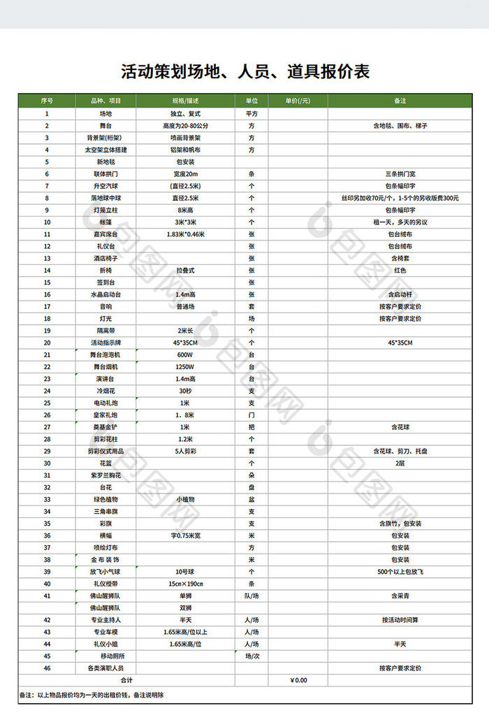 活动策划方案活动地、人员、道具报价表