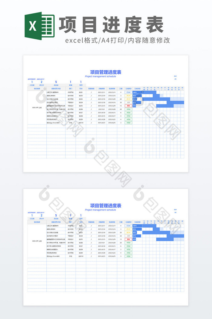 项目管理进度表-自动甘特图Excel模板