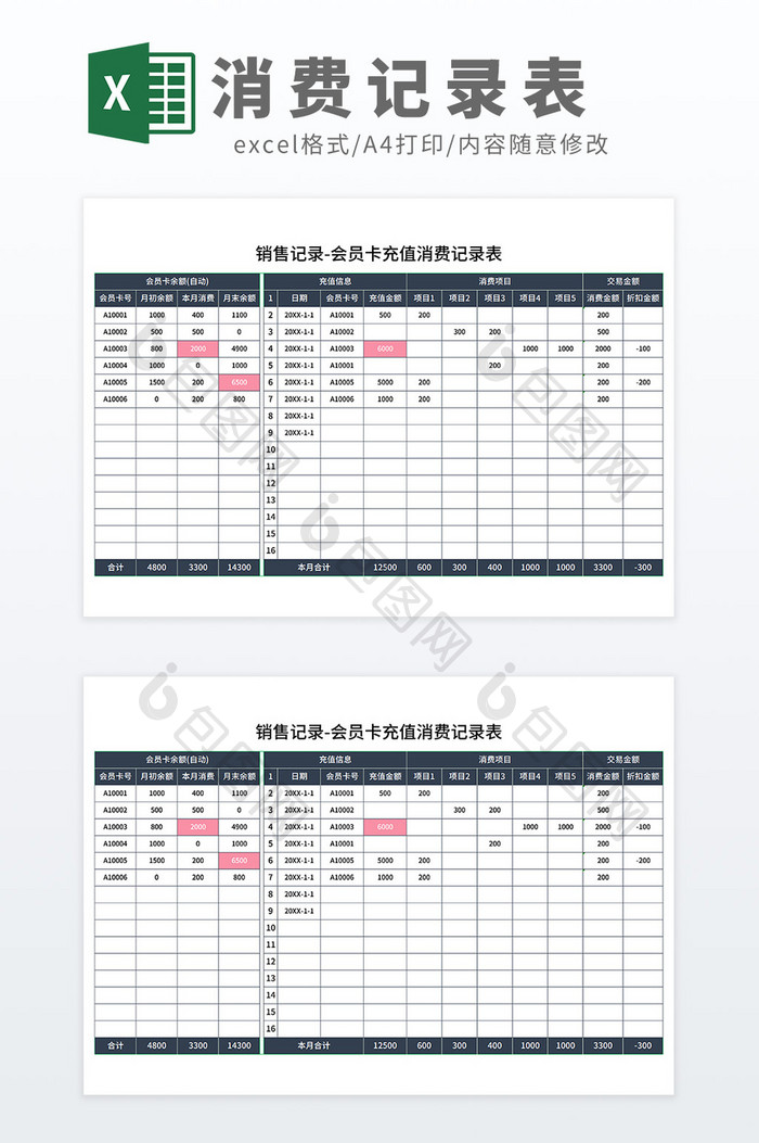 会员卡充值消费记录表销售记录表模板