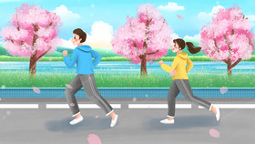 春天在樱花大道跑步晨练插画