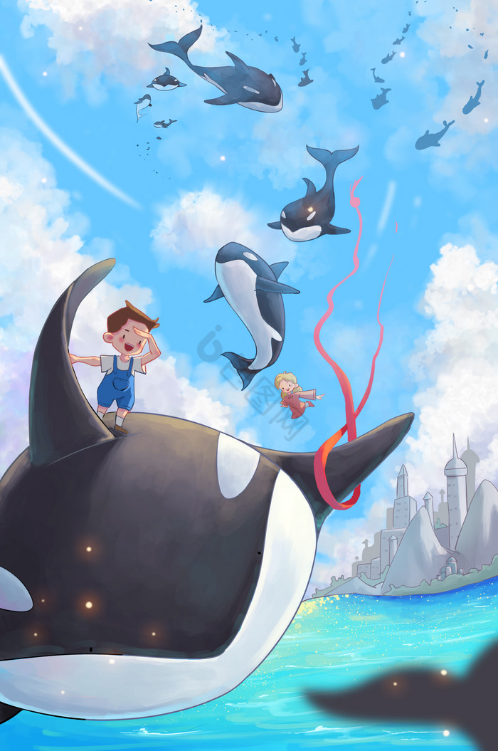 虎鲸傲游天际插画