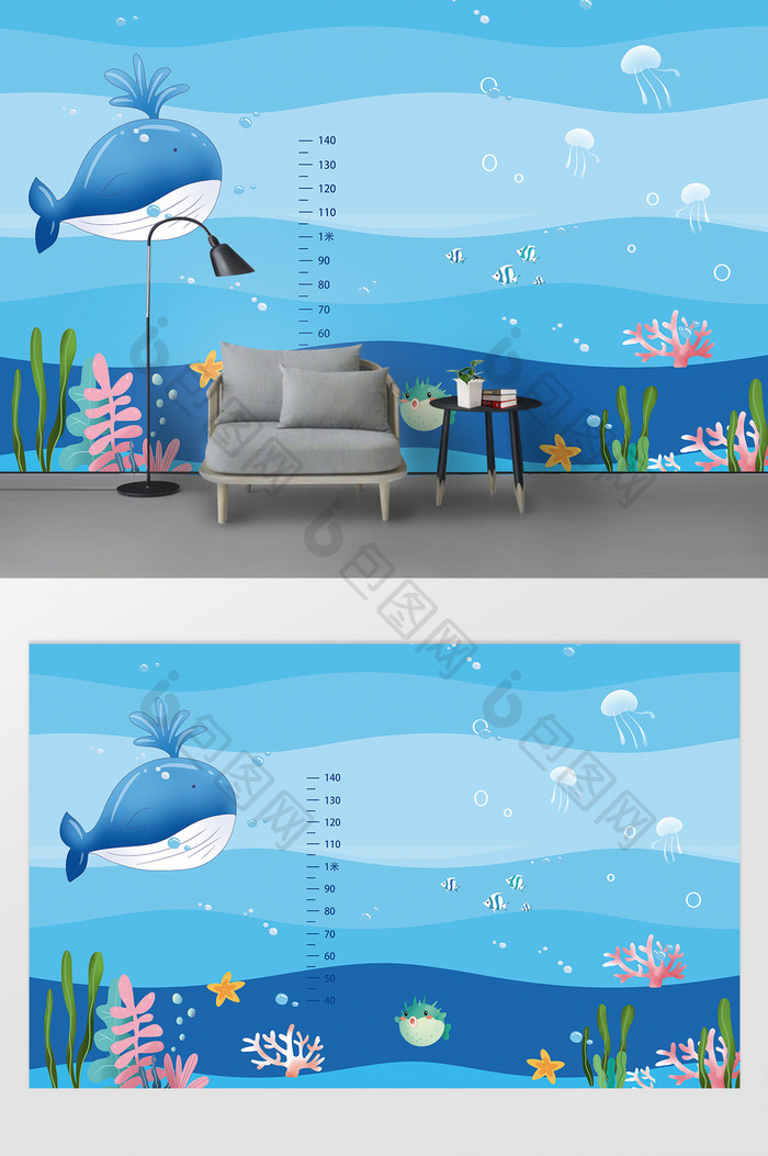 蓝色海洋生物手绘背景墙