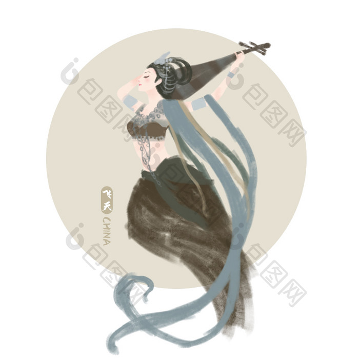蓝色中国风水彩手绘敦煌飞天仙女动图GIF