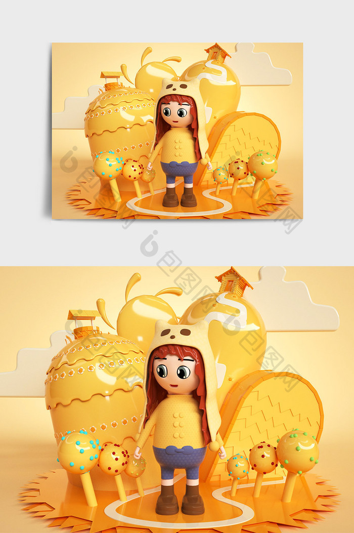 橙黄色C4D卡通田园风格女孩IP创意形象