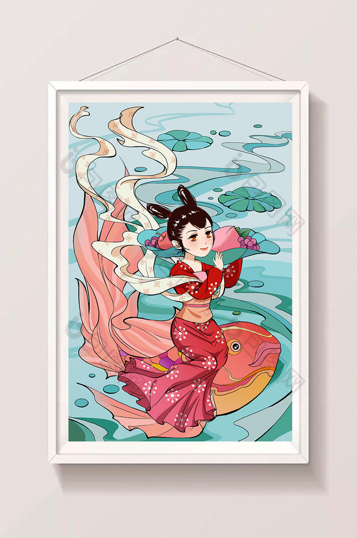 中国风复古风清新唯美锦鲤鱼少女孩水果插画