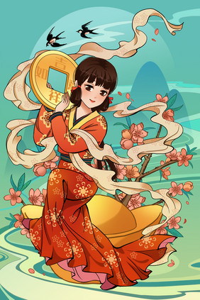 中国风古风清新唯美少女吉祥如意汉服插画