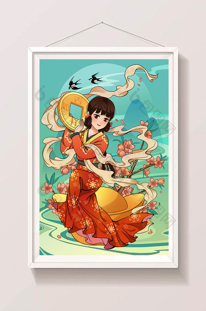 中国风古风清新唯美少女吉祥如意汉服插画