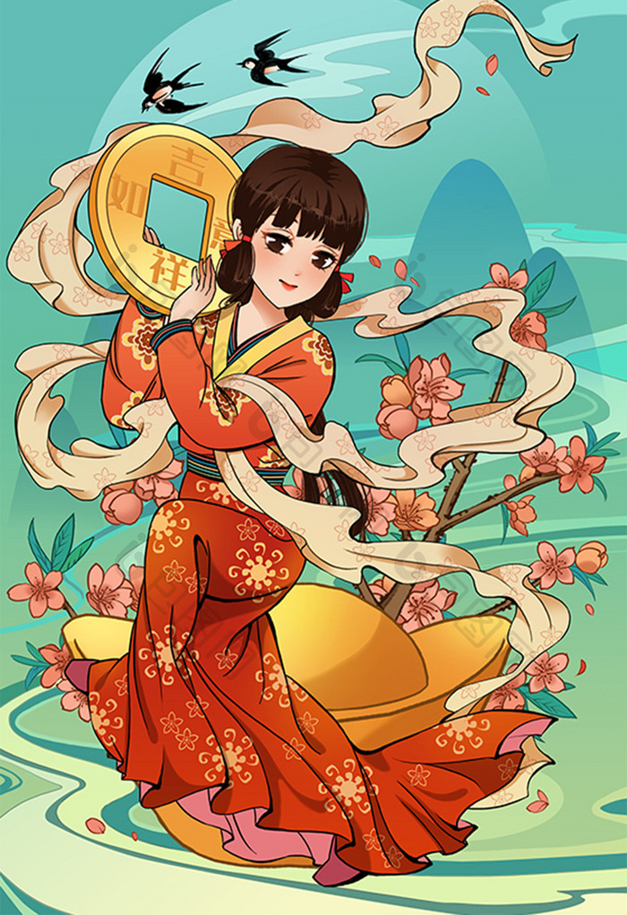 中国风古风清新唯美少女吉祥如意汉服插画