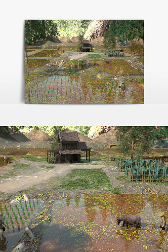 耕种耕地插秧复古场景3D模型图片