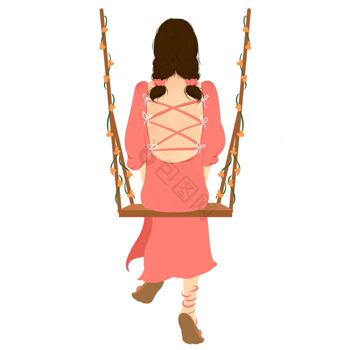 夏季荡秋千女孩背影