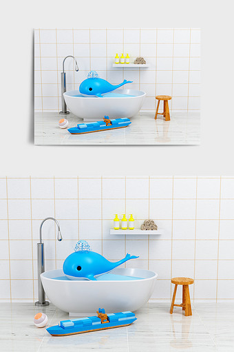 C4D卡通浴池蓝色鲸鱼IP形象效果图片