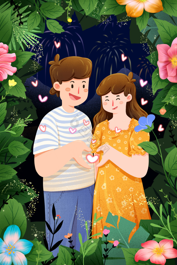 情人节520情侣爱心合照植物鲜花插画图片