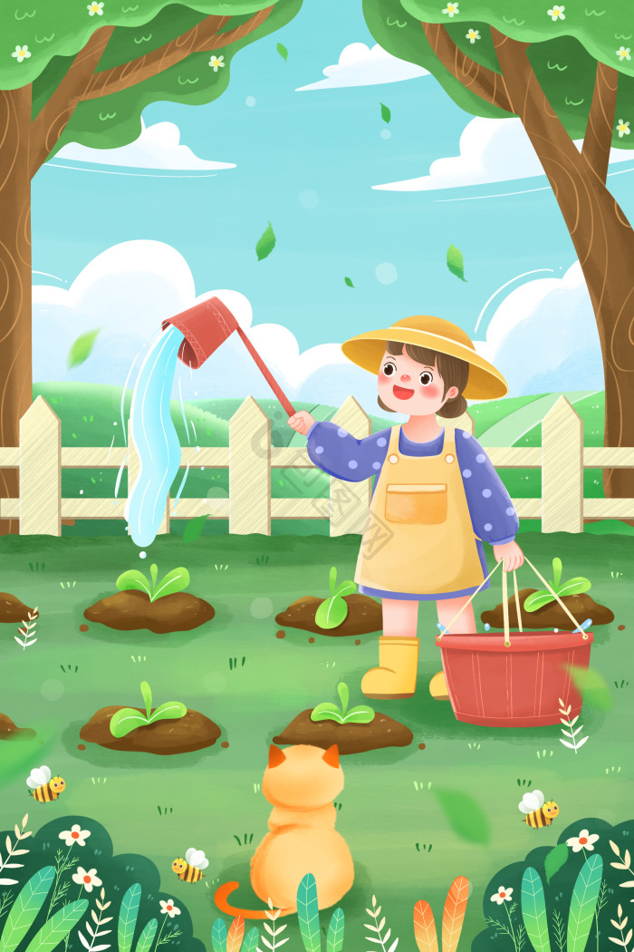 夏天小满农民给蔬菜浇水插画图片