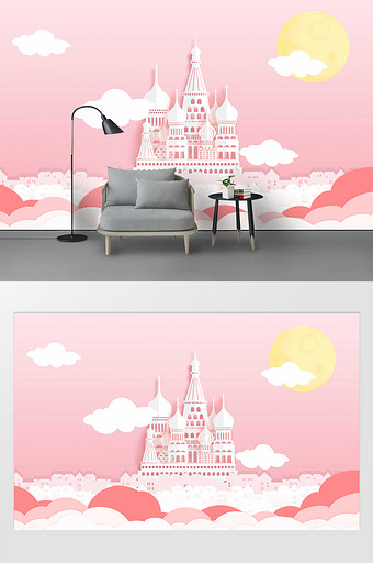 粉色渐变白色云朵月亮城堡北欧卡通背景墙图片