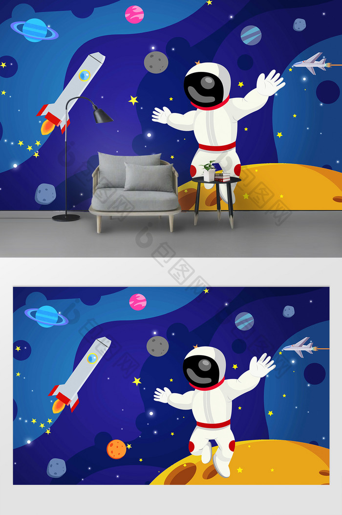 蓝色卡通宇航员太空科技北欧卡通背景墙