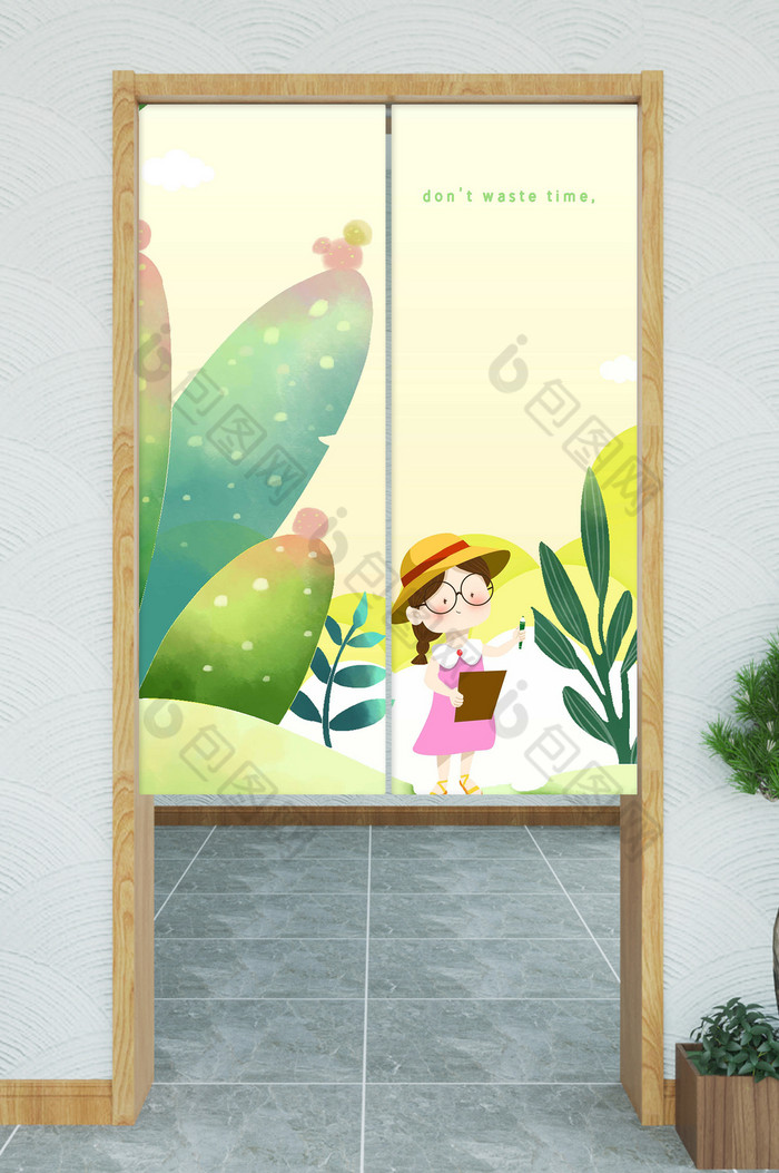 少女植物插画绿色儿童门帘图片图片