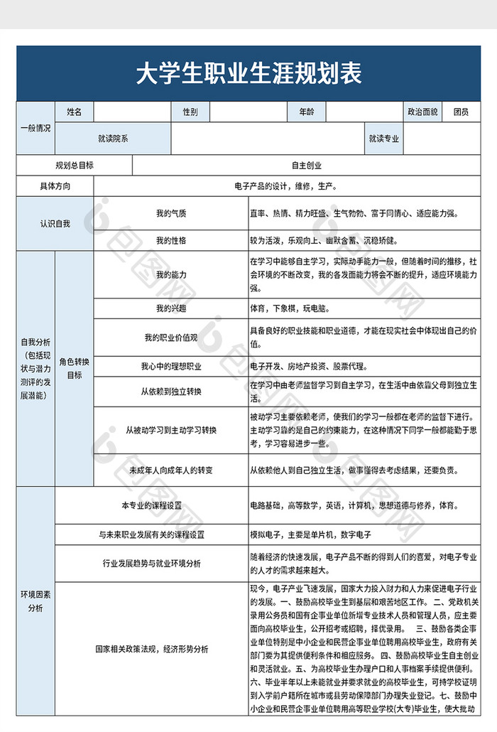 职业生涯规划表excel模板