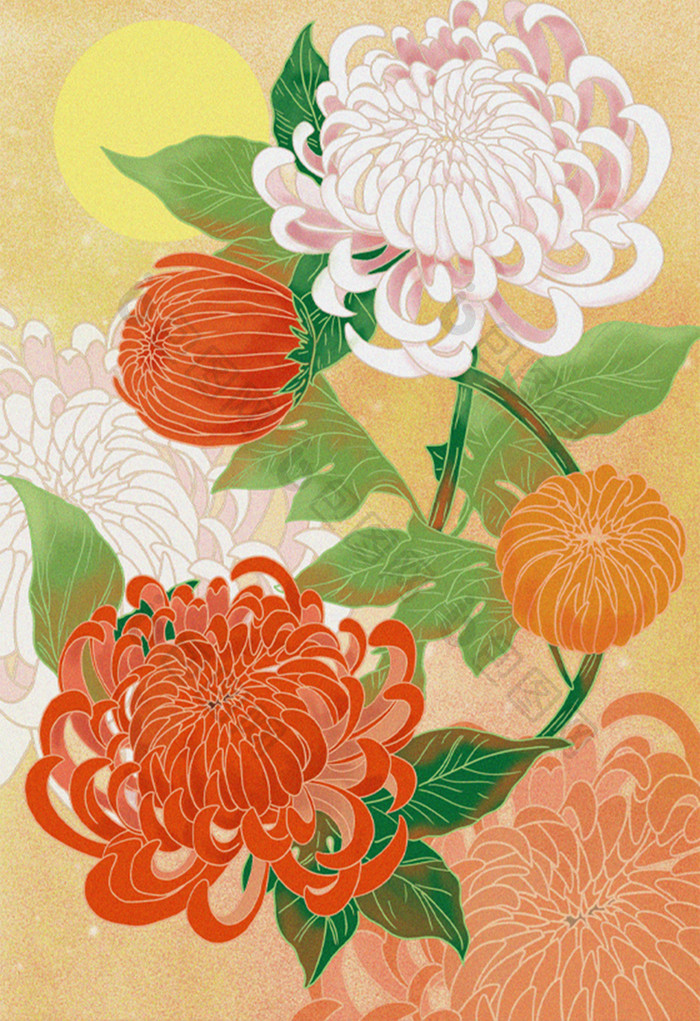 黄色唯美中国风菊花插画