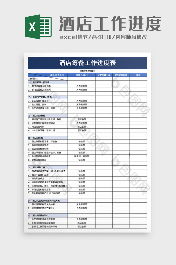 酒店筹备工作进度表excel模板