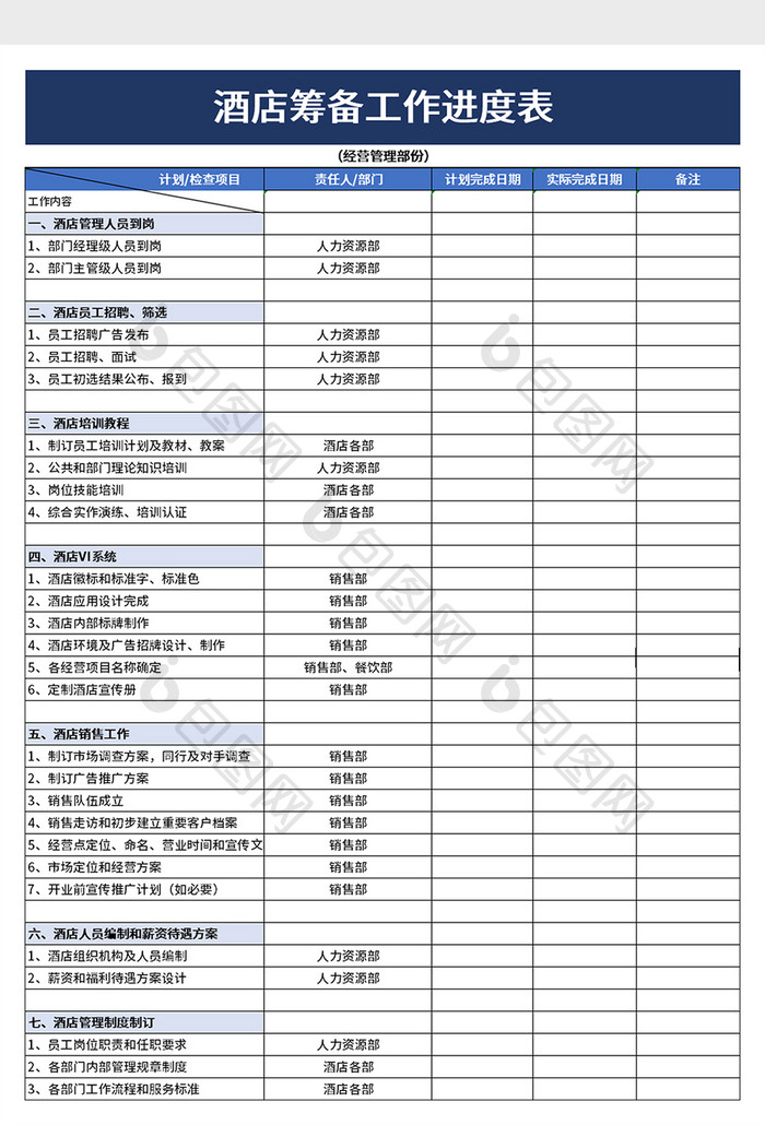 酒店筹备工作进度表excel模板