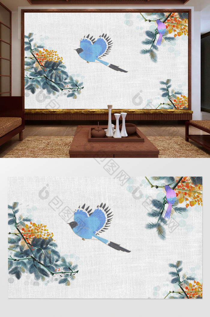 古风民族传统中华刺绣水墨花鸟工笔背景墙