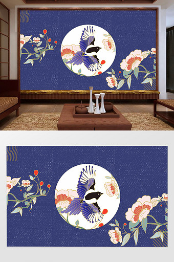 蓝色复古中国风桃花刺绣新中式背景墙图片