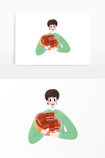 卡通手绘抱红烧肉男孩