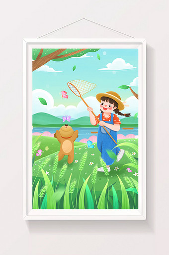 夏天小满女孩在草地捉蝴蝶插画图片