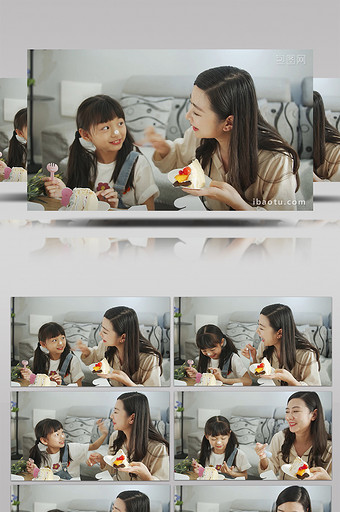 4K实拍妈妈和女儿一起吃蛋糕图片