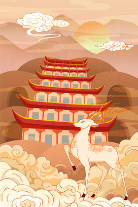 中国风敦煌莫高窟沙漠仙鹿插画图片