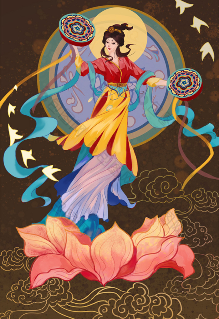 敦煌人物流水荷花插画图片