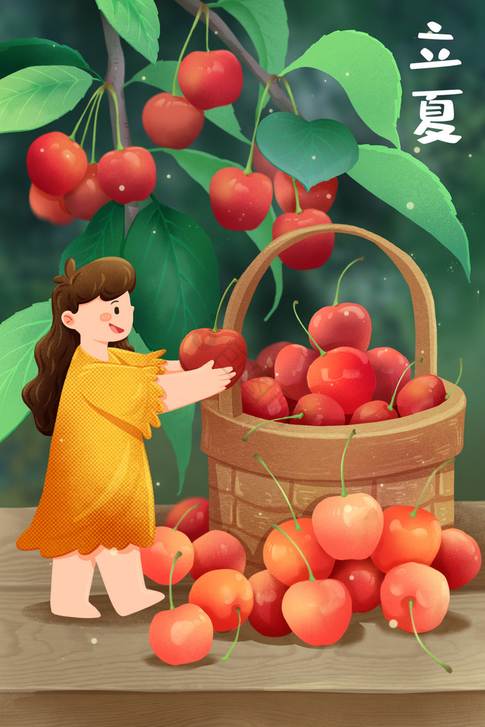 立夏中国二十四节气苹果女孩植物插画图片