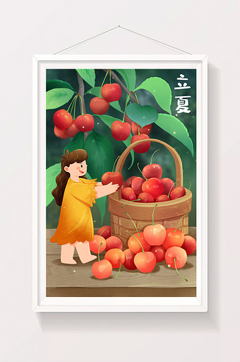 立夏中国二十四节气苹果女孩植物红色插画图片