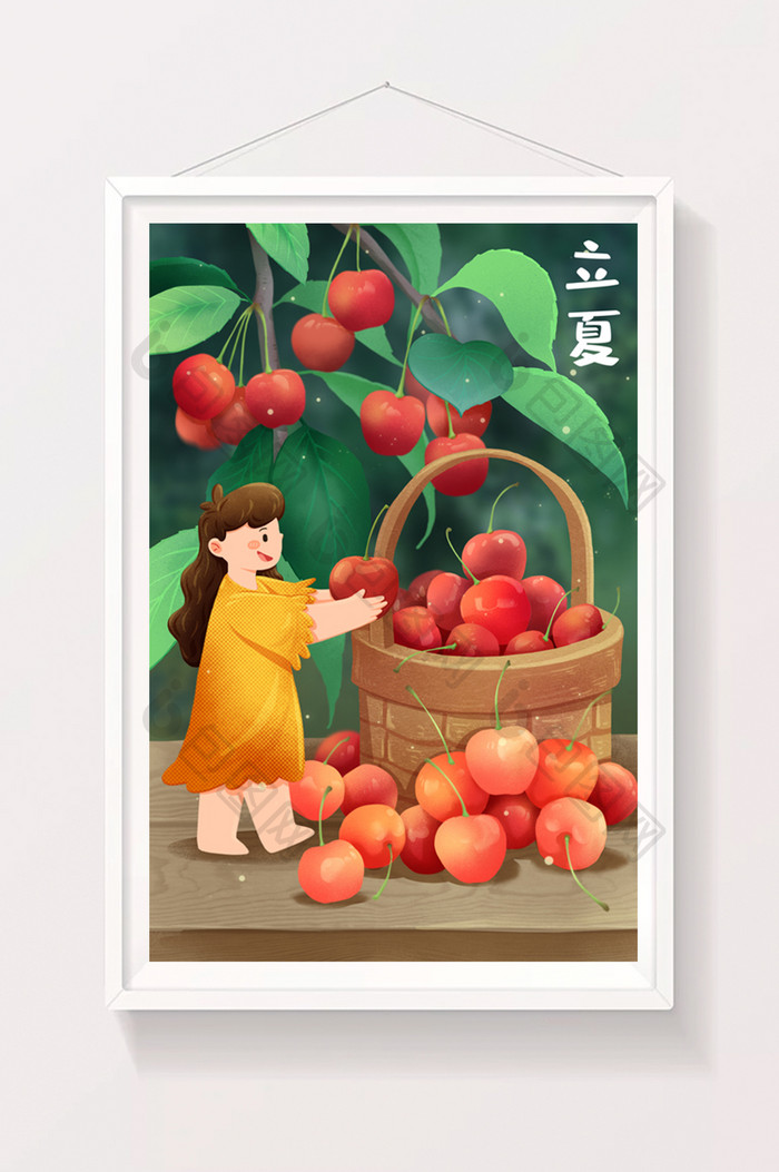立夏中国二十四节气苹果女孩植物红色插画