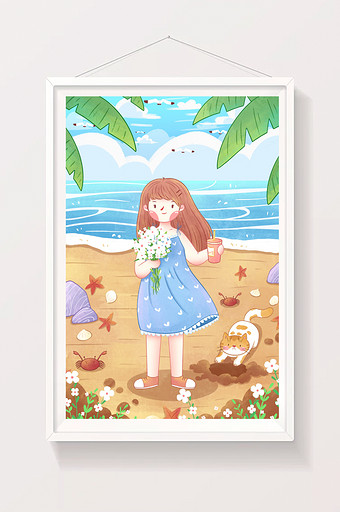 立夏节气女孩海边插画图片