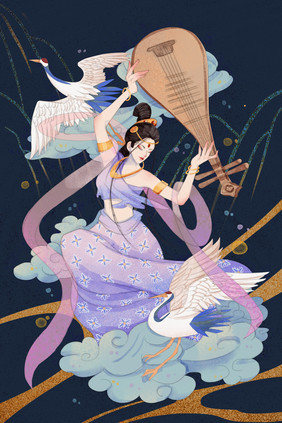 白鹤乐器仙女飞天敦煌风水彩风插画