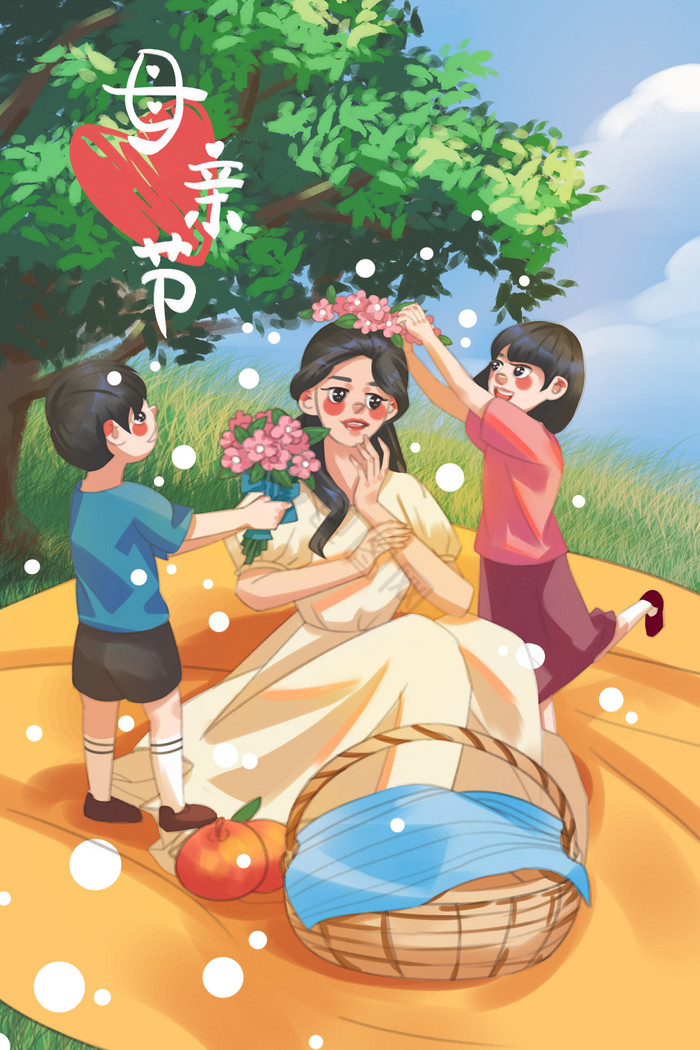 感恩母亲节献花给妈妈温馨插画