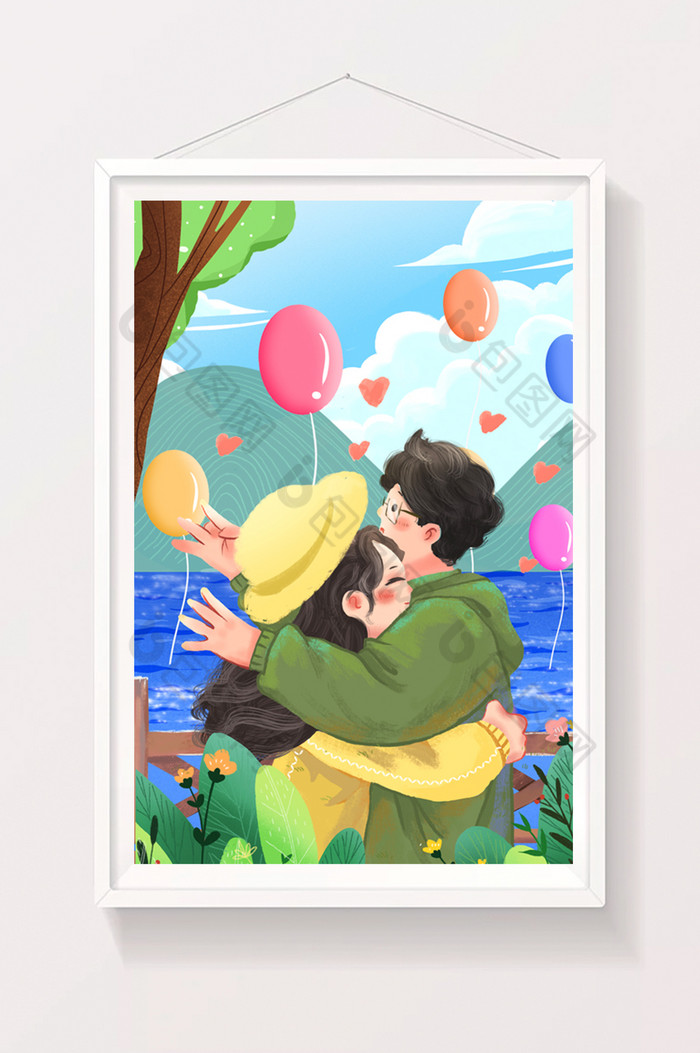 情人节情侣拥抱爱情气球浪漫海边插画图片