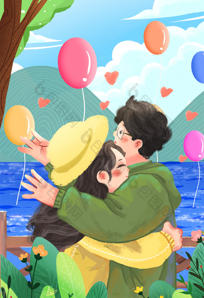 情人节情侣拥抱爱情气球浪漫海边插画图片