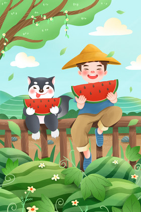 夏天立夏瓜田吃西瓜的男孩和狗狗插画