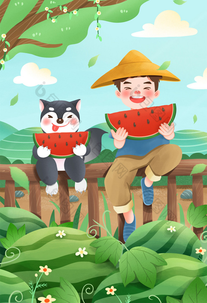 夏天立夏瓜田吃西瓜的男孩和狗狗插画图片