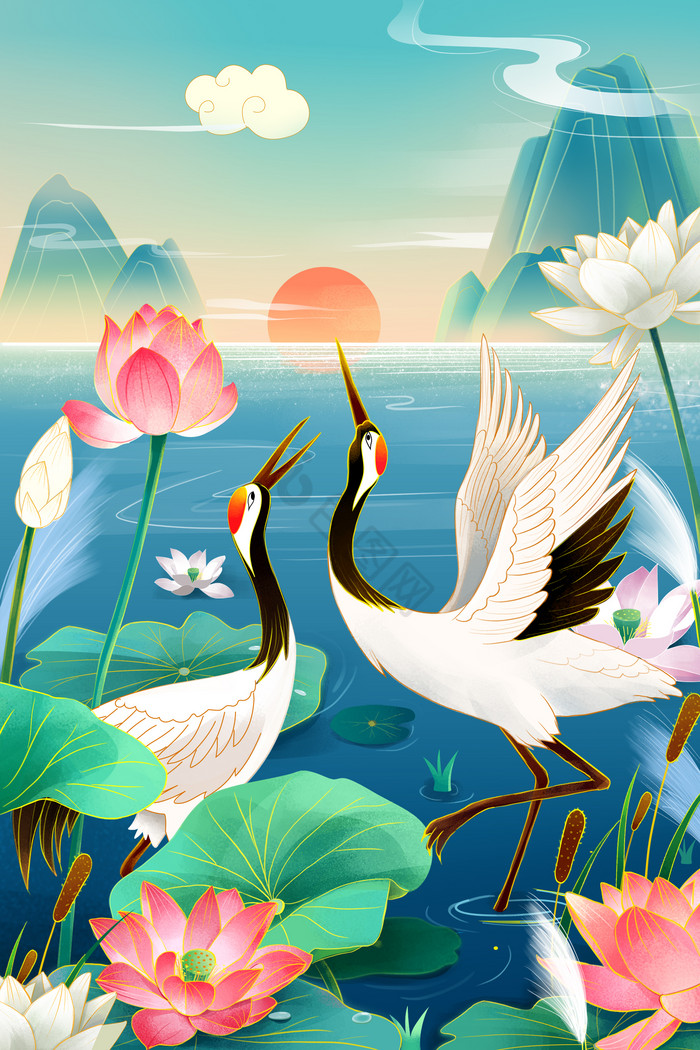 仙鹤荷花精美壁纸插画