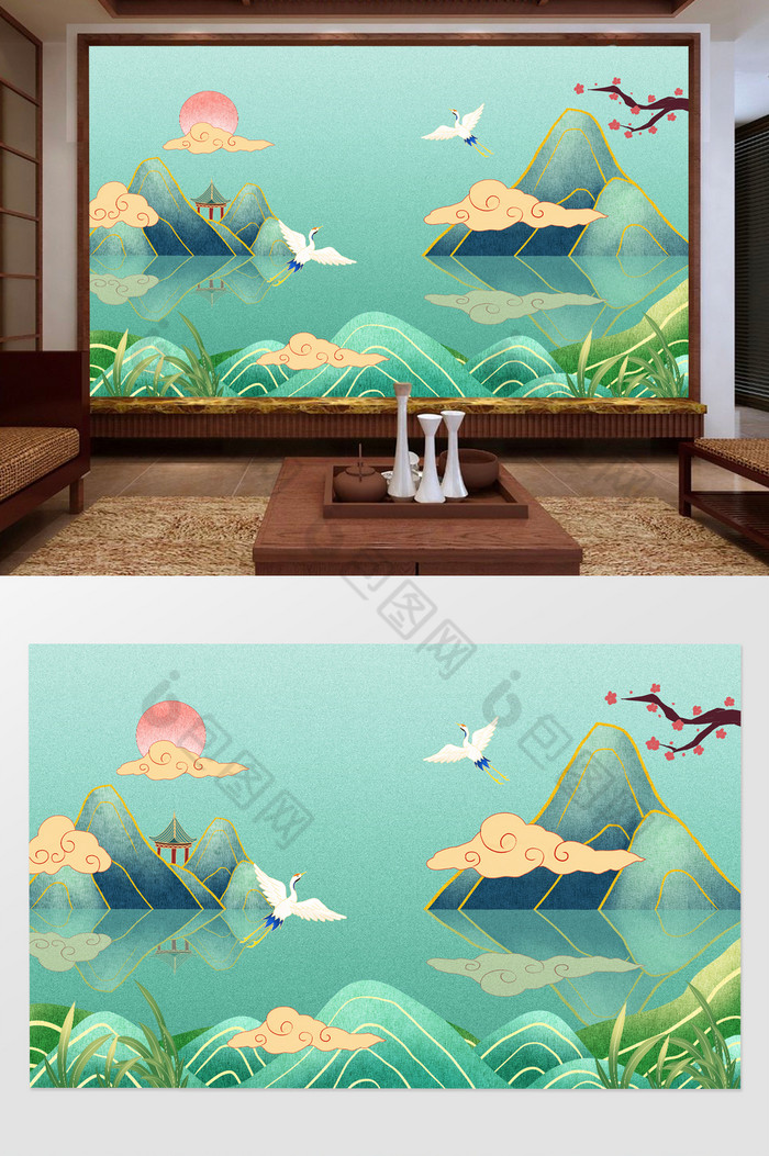 新中式国潮风山水风景仙鹤电视背景墙图片图片